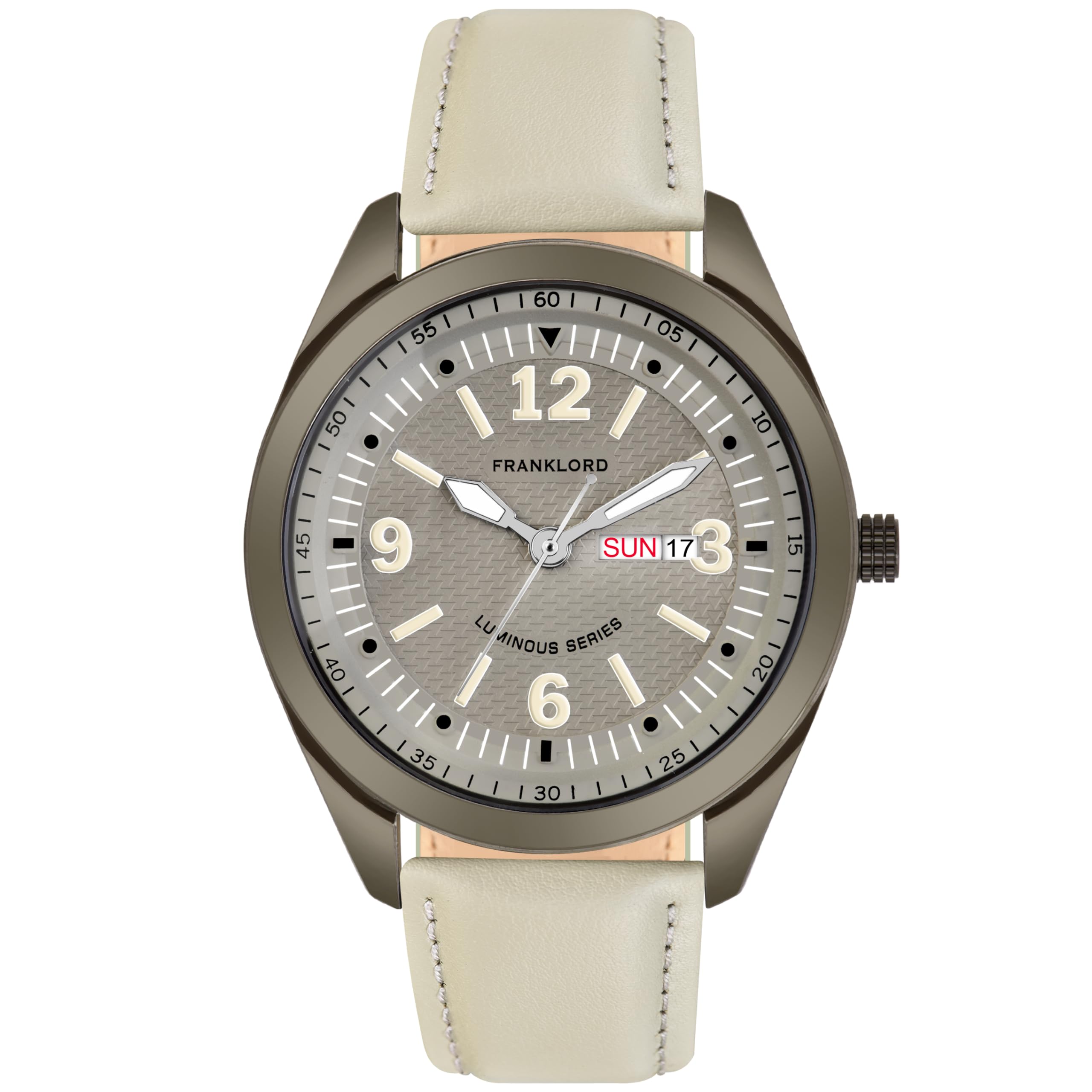 Franklord Luminous Series Analog Watch for Men & Boys | Round Dial | Day & Date Functionality | Premium Leather Strap | Stylish and Durable Wristwatch