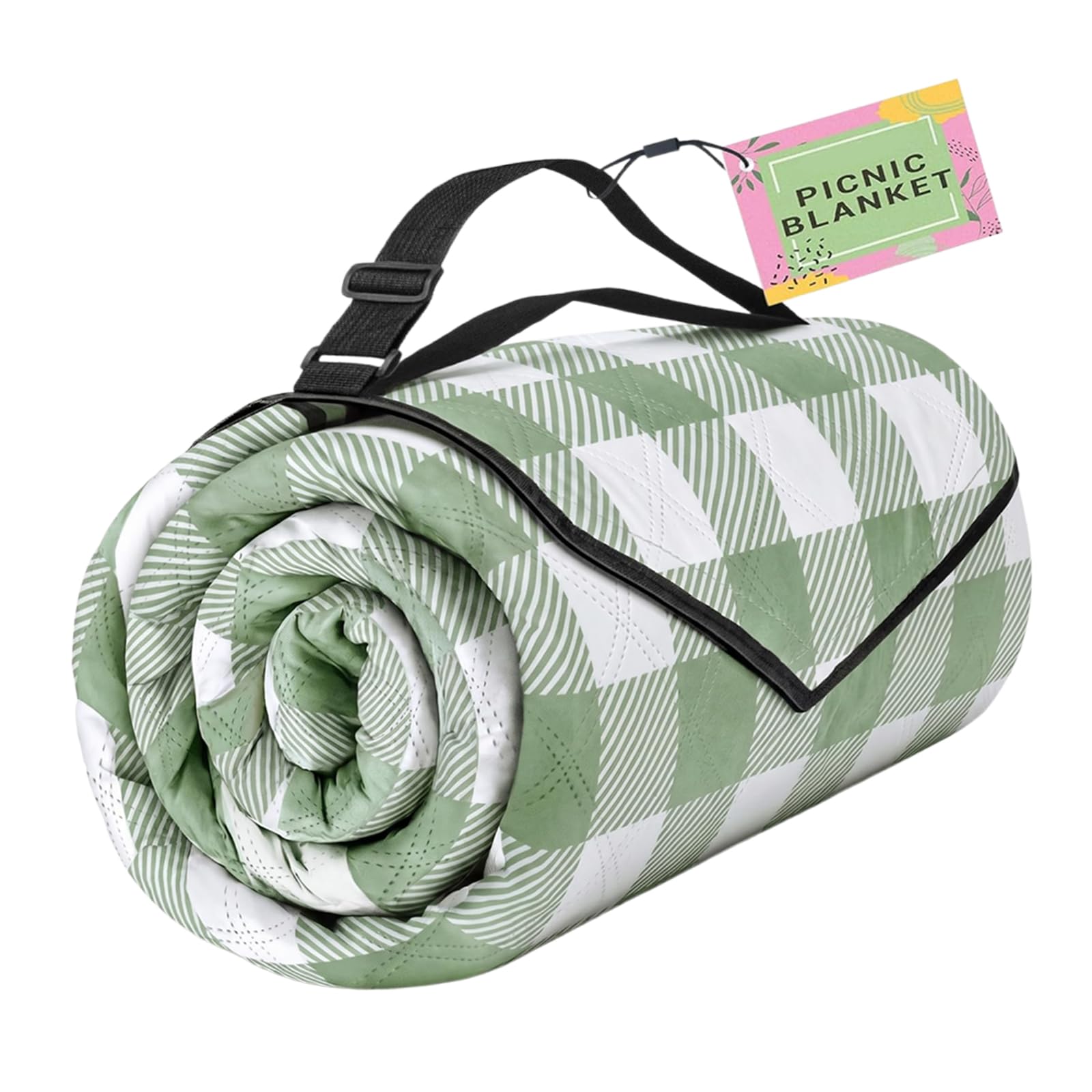 Tappetino da picnic portatile con tracolla, coperta pieghevole verde a quadretti 200 x 300 cm per copertura del terreno da campeggio, posti a sedere nel parco e gite un giorno all ' aperto Coperta