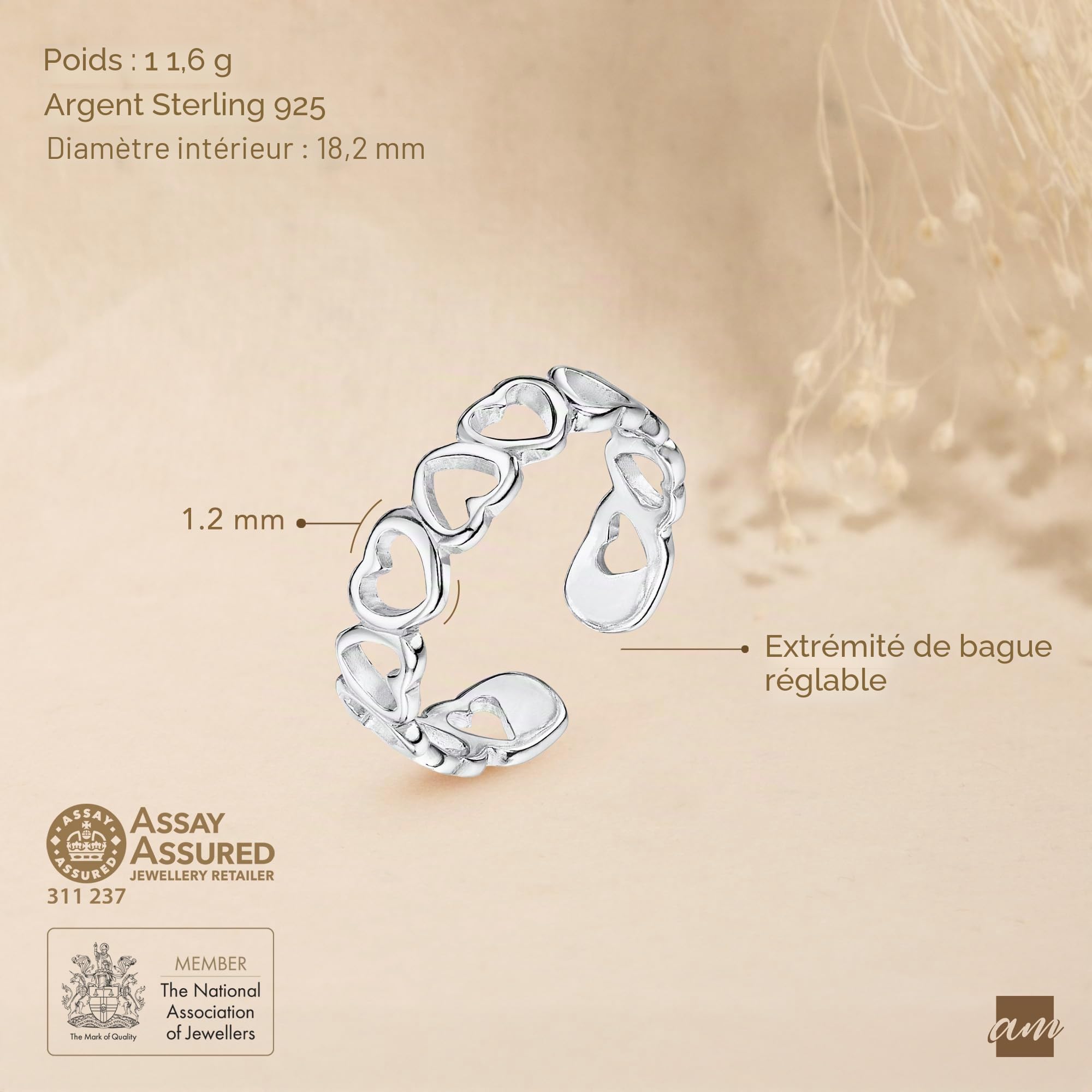 Amberta Bague d’Orteil en Argent Sterling 925 Réglable pour Femme | Vague Coeur Fleur Ouverte Dauphin Couronne Feuille Bijoux de Pied Plage Bohème