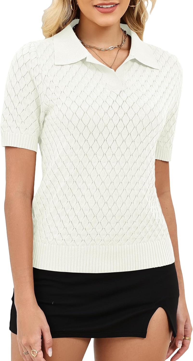 Rapbin Womens Short Sleeve Polo Sweater Knit Collared Pollover Summer V Neck Business Casual Tops - Image 2