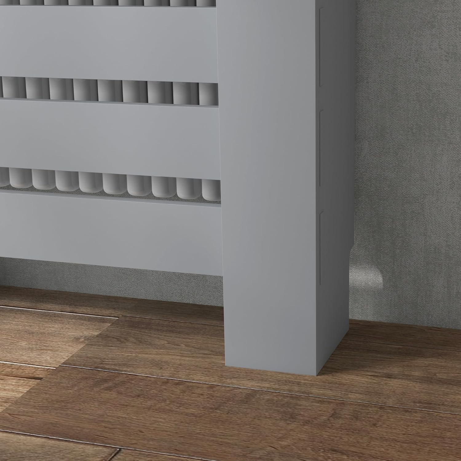 Close-up of the skirting board cut-out on the radiator cover