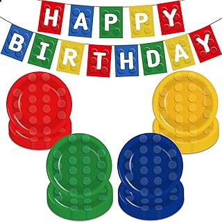 Building Block Birthday Party Supplies 7" Building Block Party Favor Paper Plates Bundle & Building Block Birthday Banner 64 Pieces Disposable Building Block Birthday Party Plates