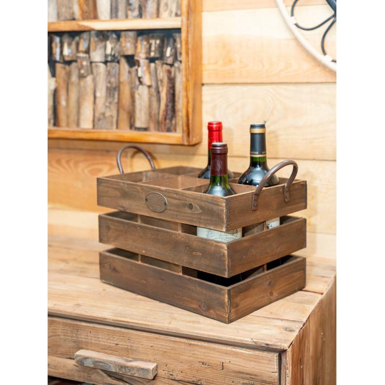 AUBRY GASPARD - Caisse de Rangement 6 Bouteilles - Anses Métal - Bois - Dimensions 32 x 22 x 25,8 cm - Cases 9.4 x 9.4 cm - Idéale pour Vin et Bière - Pratique et Élégante pour Cuisine et Cave