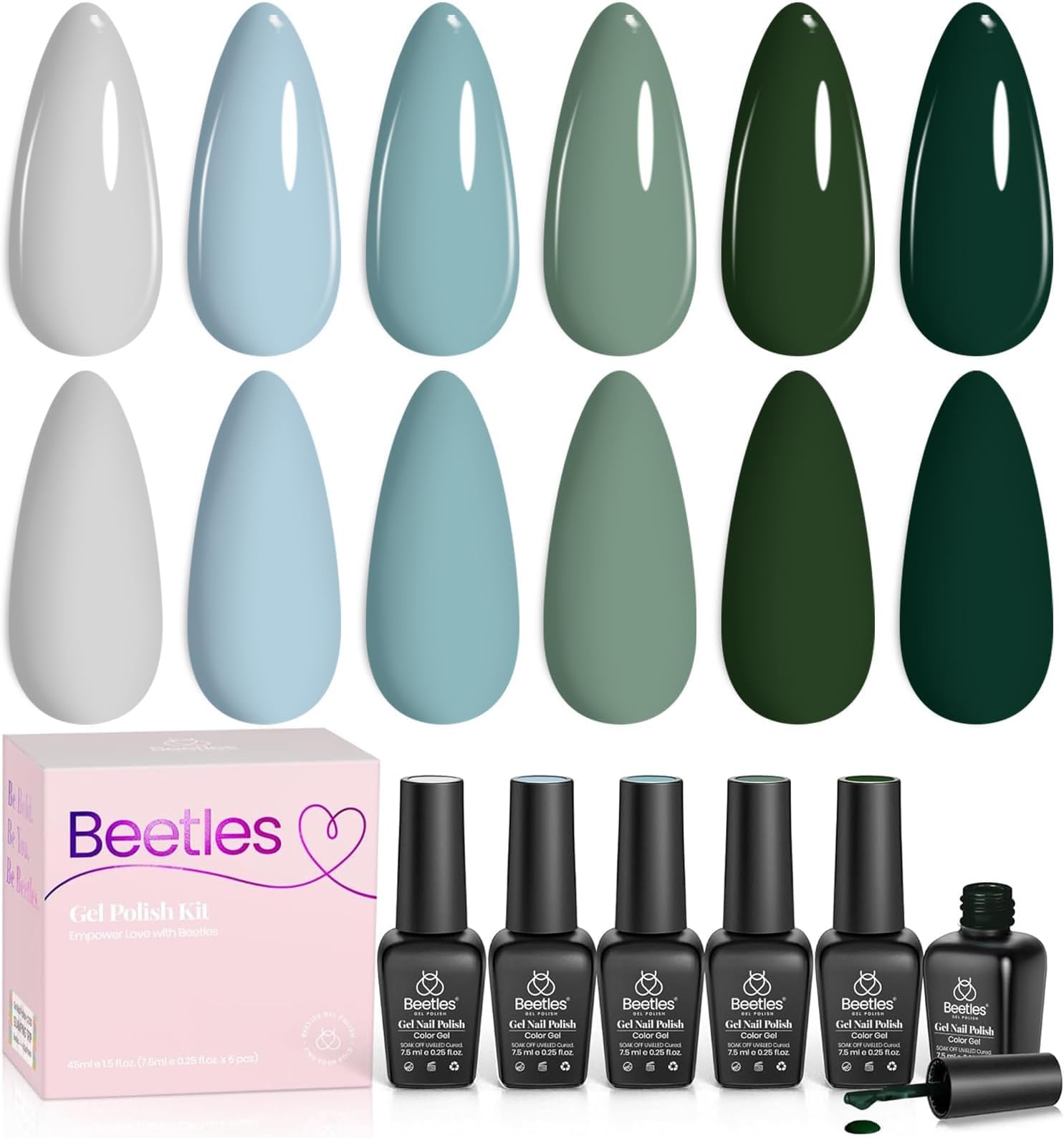 Beetles Green Gel Nail Polish Set, 6 Colors Dark Green Gray Blue Baby Blue Color Gel Nail Polish Misty Soak Off DIY Home Uv Nails Gifts for Women Girls
