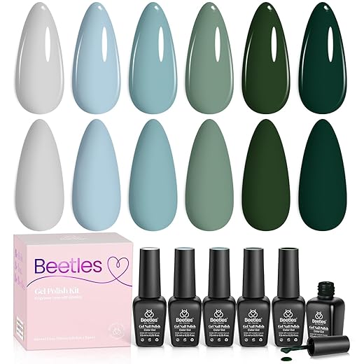 Beetles Blue Green Gel Nail Polish Set - 6 Colors Misty Gray Dark Green Gel Polish Kit Baby Blue Nail Gel Polish Soak Off LED Nail Lamp Gel Nail Kit DIY Home Christmas Nails Manicure Gifts for Women