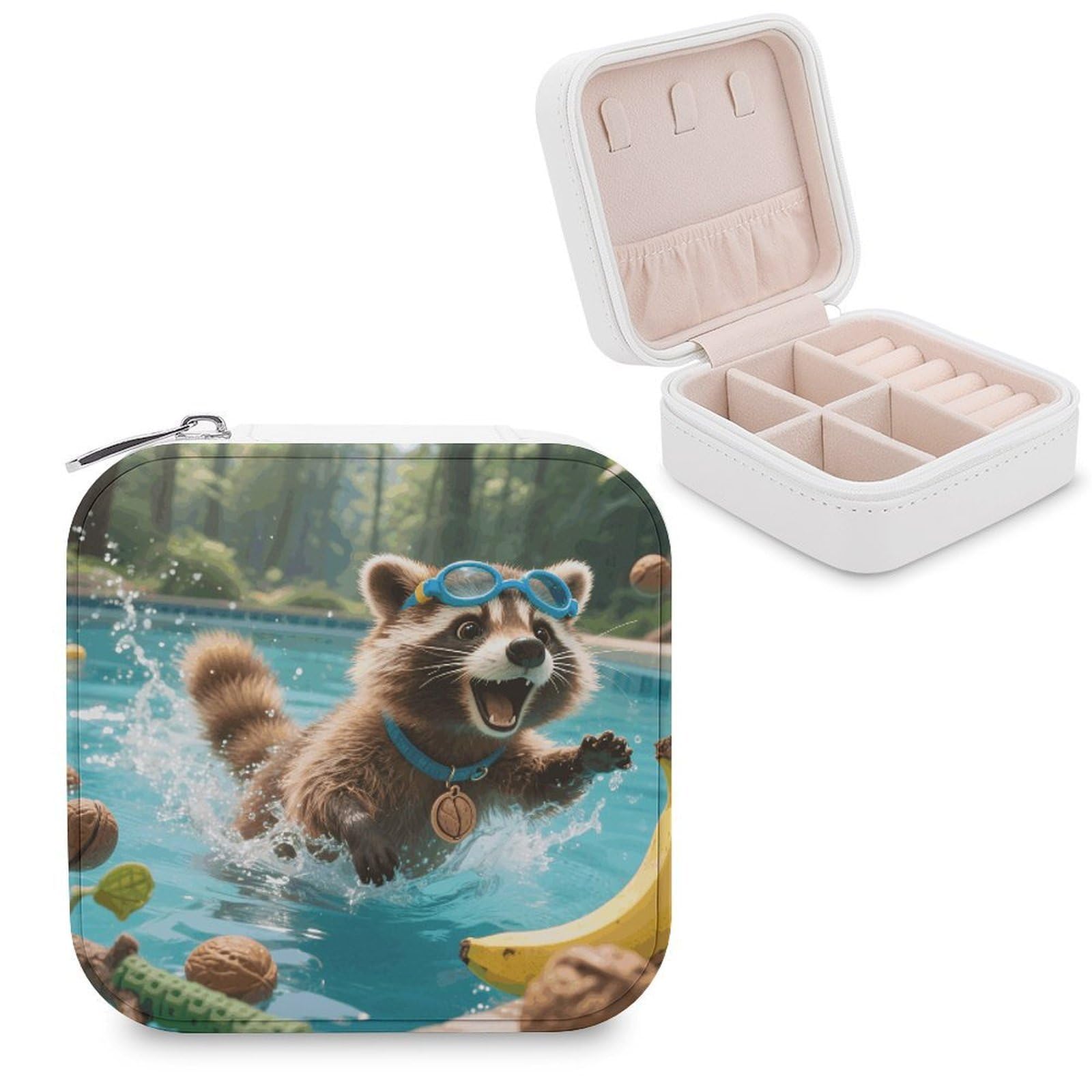 VstaDank Raccoon Pool Dash Jewelry Organizer Travel Case for Women With Zipper Mini Jewelry Case PU Leather Jewelrys Box for Rings Necklaces Bracelets Earring Holder Organizer Storage