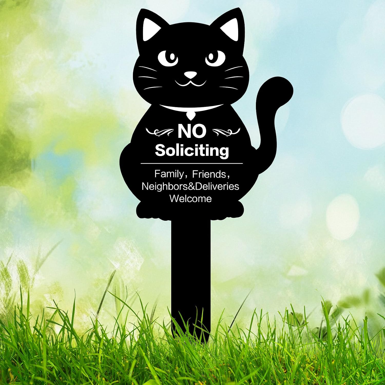 No Soliciting Sign for House No Soliciting Yard Sign Metal Cat No Soliciting Thank You Sign with Stake Outdoor Yard Decorations for Front Door Lawns Gardens Home Decor 15" x 7"(White）