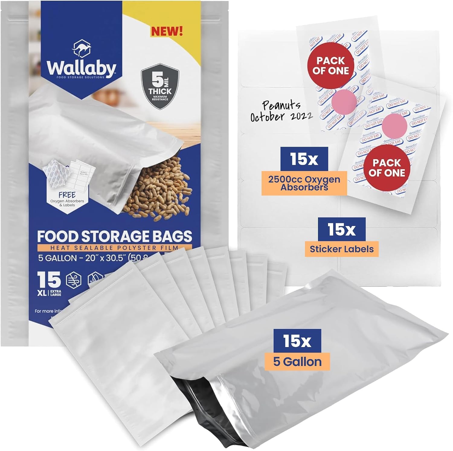 Wallaby 5-Gallon Zipper 10 Mil Mylar Bags, Oxygen Absorbers (15-Pack)