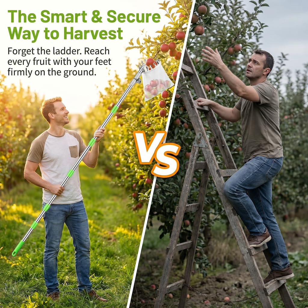 4.2m Obstpflücker mit Teleskopstiel, Apfelpflücker Obstpflücker, Kirschenpflücker mit Baumwollbeutel, Edelstahl Obstsammler für Kirschen, Kirschen Pflücker Pflaumenpflücker, Pflaumenpflücker (4.2m)