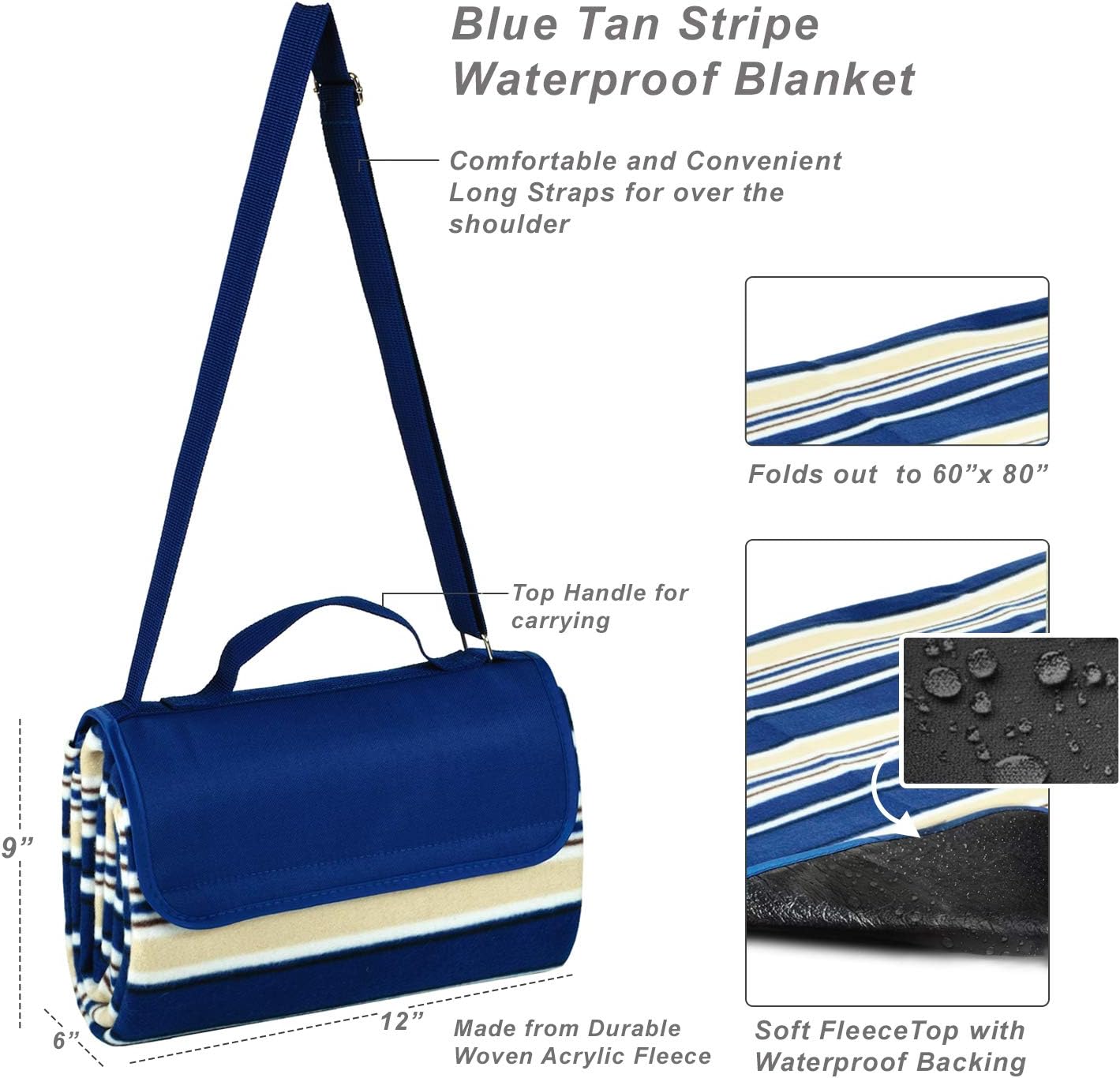 Picnic at Ascot Outdoor Picnic Blanket With Water Resistant Backing, Extra Large 60" x 80"