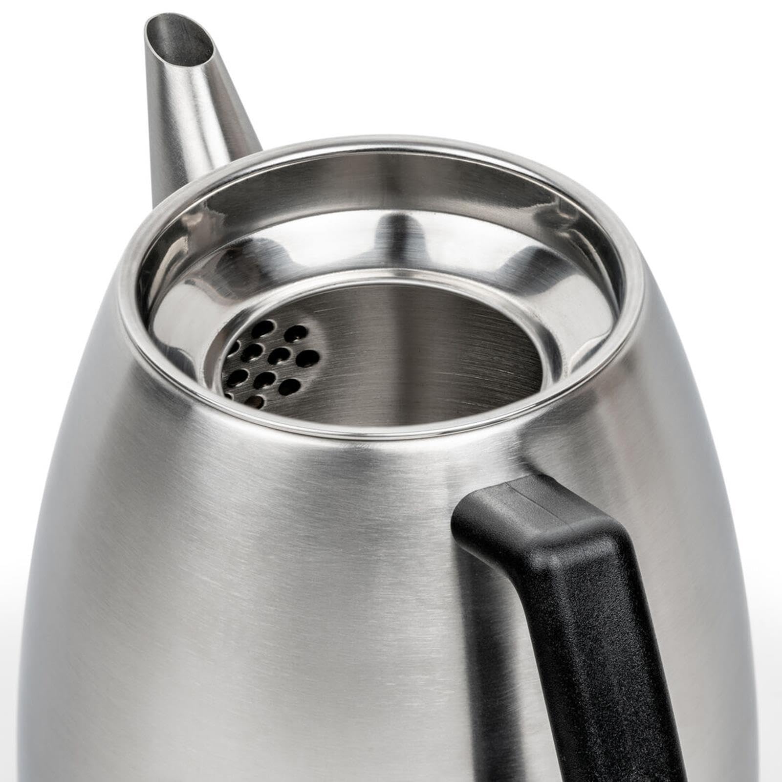 Bredemeijer Edelstahl Teekanne 1.1 Liter - kleine doppelwandige matt-silberne Edelstahlkanne mit Teefilter & schwarzem Holzuntersetzer