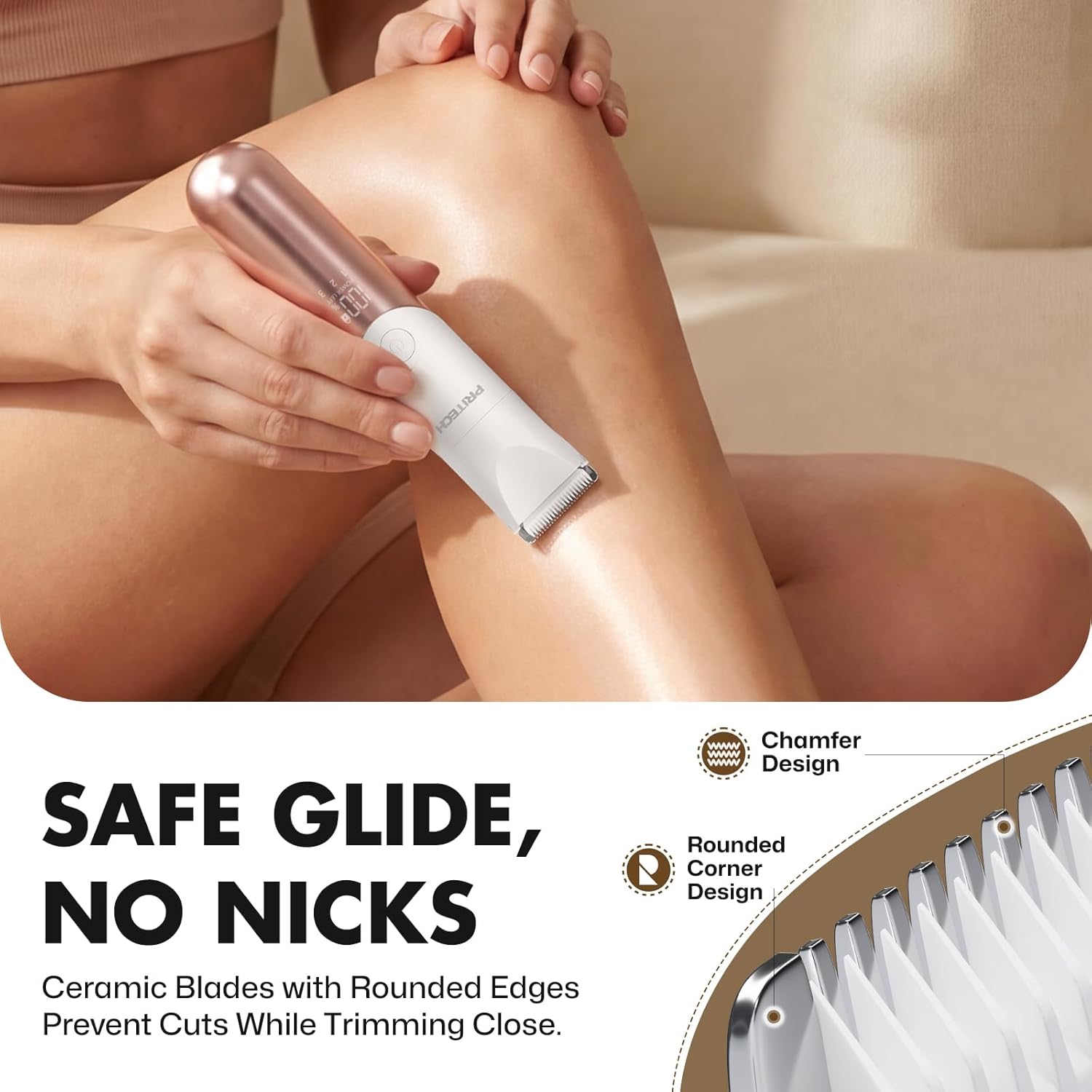 Close-up of PRITECH trimmer ceramic blades with rounded edges for safe gliding.