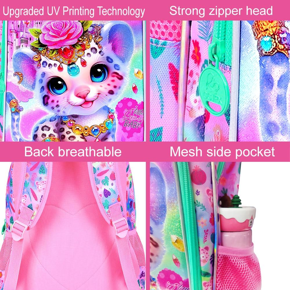 3Pcs Backpack for Girls, 16" Leopard Kids Bookbag for Elementary Preschool Kindergarten, School Backpacks with Lunch Box(Pink) - Image 6