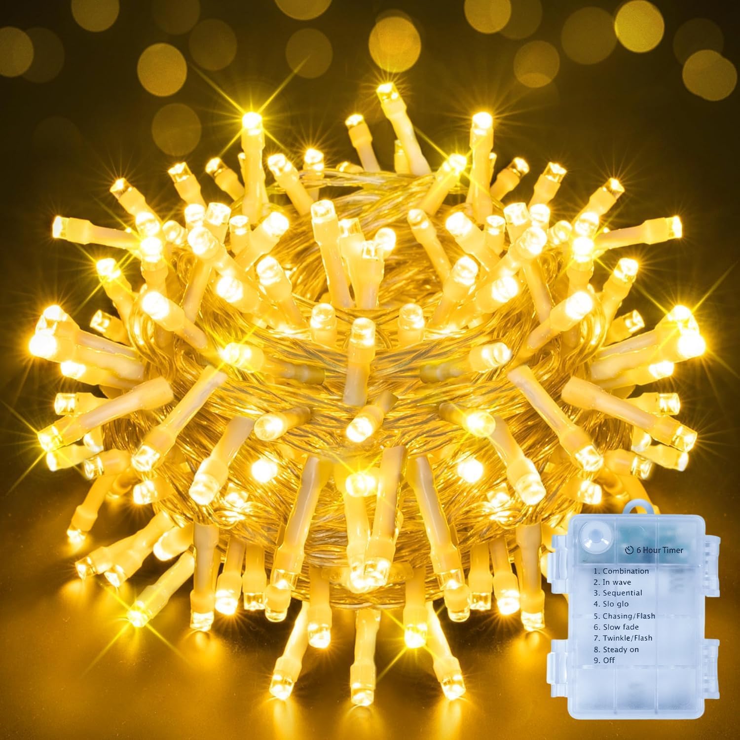 Ollny Lichterkette Außen Batterie 15m, 150 LEDs Warmweiß Timer für Innen