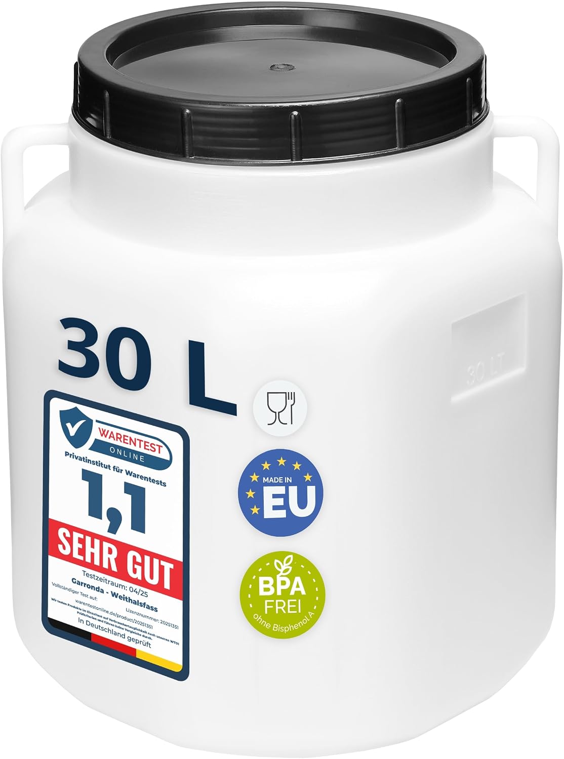 Garronda 30 Liter BPA-freies quadratisches Fass und Futtertonne Weithalsfass Wassertank und Behälter mit Deckel für Sauerkraut sowie Surfass Pökelfass für Fleisch GD-0088 Weiß