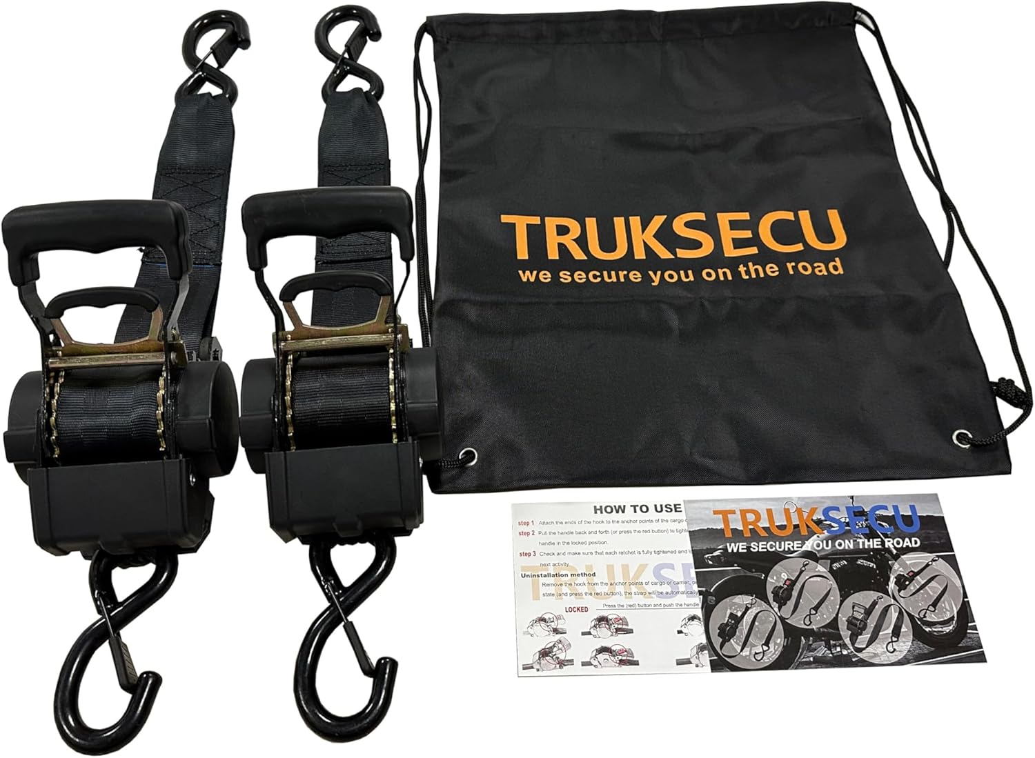 Retractable Ratchet Straps, 2 Inch x 10 Feet, 4400 lbs Breaking Strength, Heavy Duty Tie Down Set with Storage Bag, 2 Pack, Black