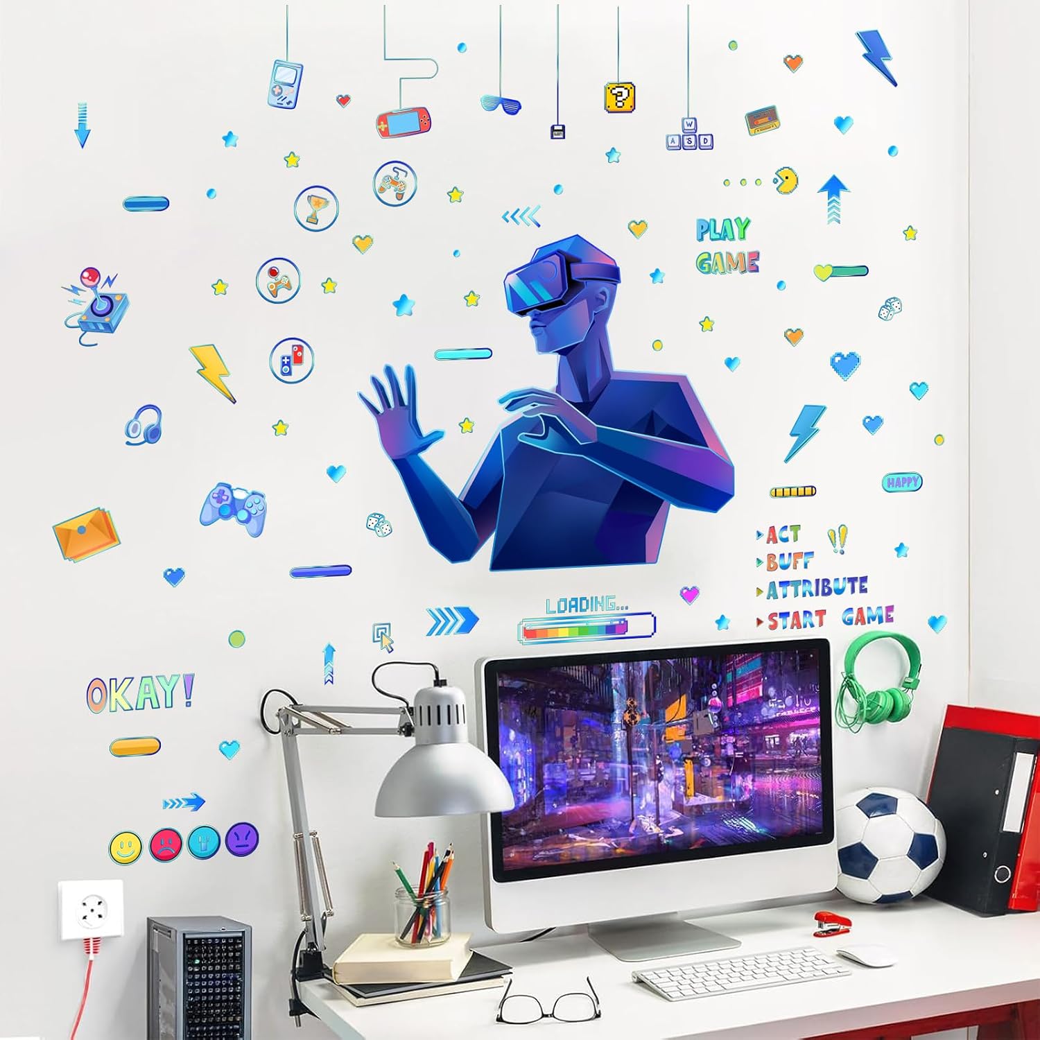 Game Wall Stickers Futuristic Gaming Room Wall Decals Peel and Stick Mural Decor for Teen Bedroom Game Space (Blue Game)