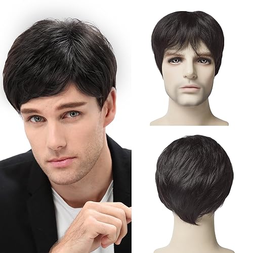 Baby Plum Peluca negra corta y lisa para hombre, peluca negra en capas, peluca de cabello sintético de repuesto realista con gorro de peluca para