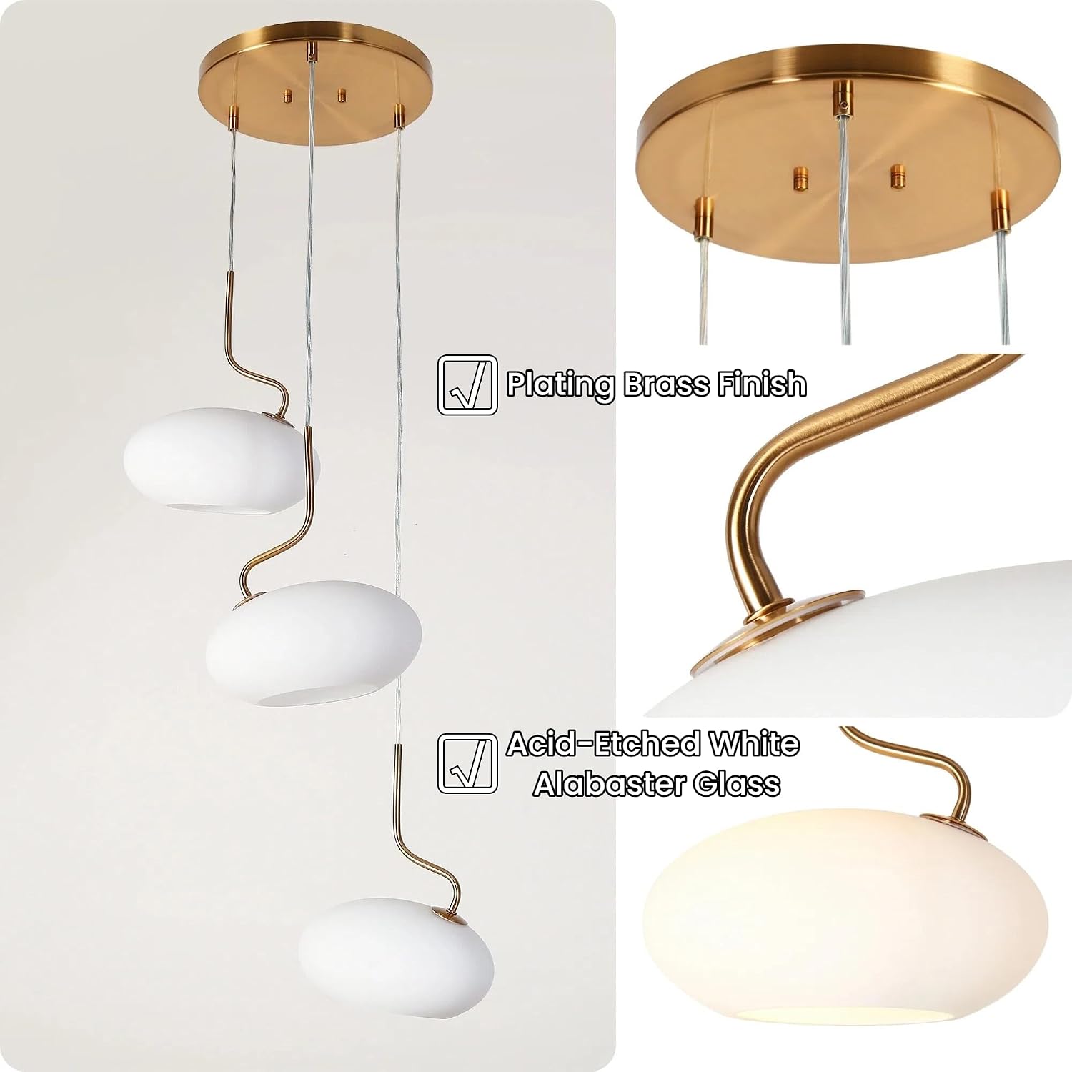 KSANA Gold Chandelier, 3-Light Modern Plating Brass Cluster Pendant Lights with White Oval Glass Shade, Chandeliers Hanging Light Fixtures for Dining Room, Staircase, Entryway, Foyer