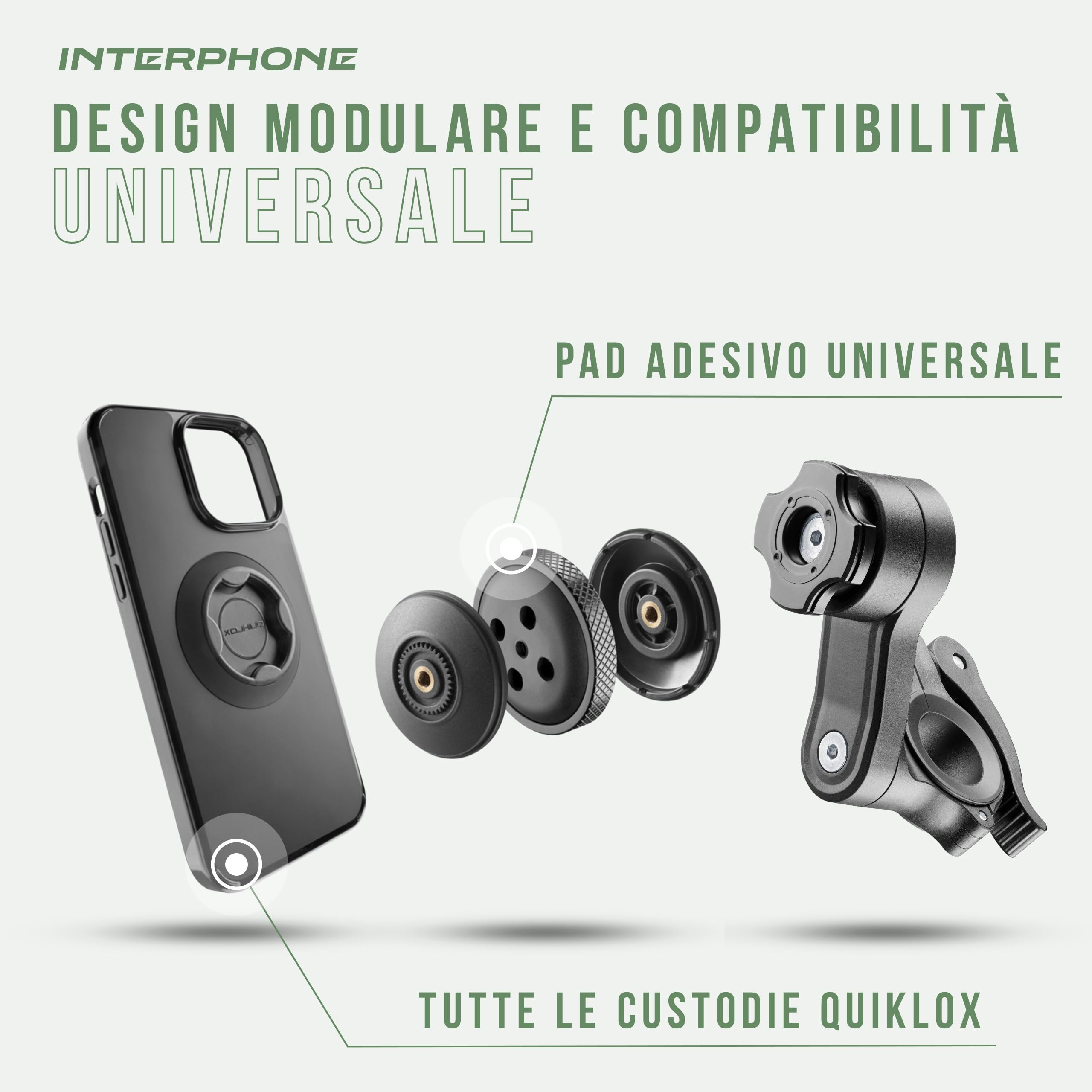 INTERPHONE QUIKLOX Supporto Telefono Moto da Manubrio Universale, Porta Smartphone Modulare con Aggancio Rapido