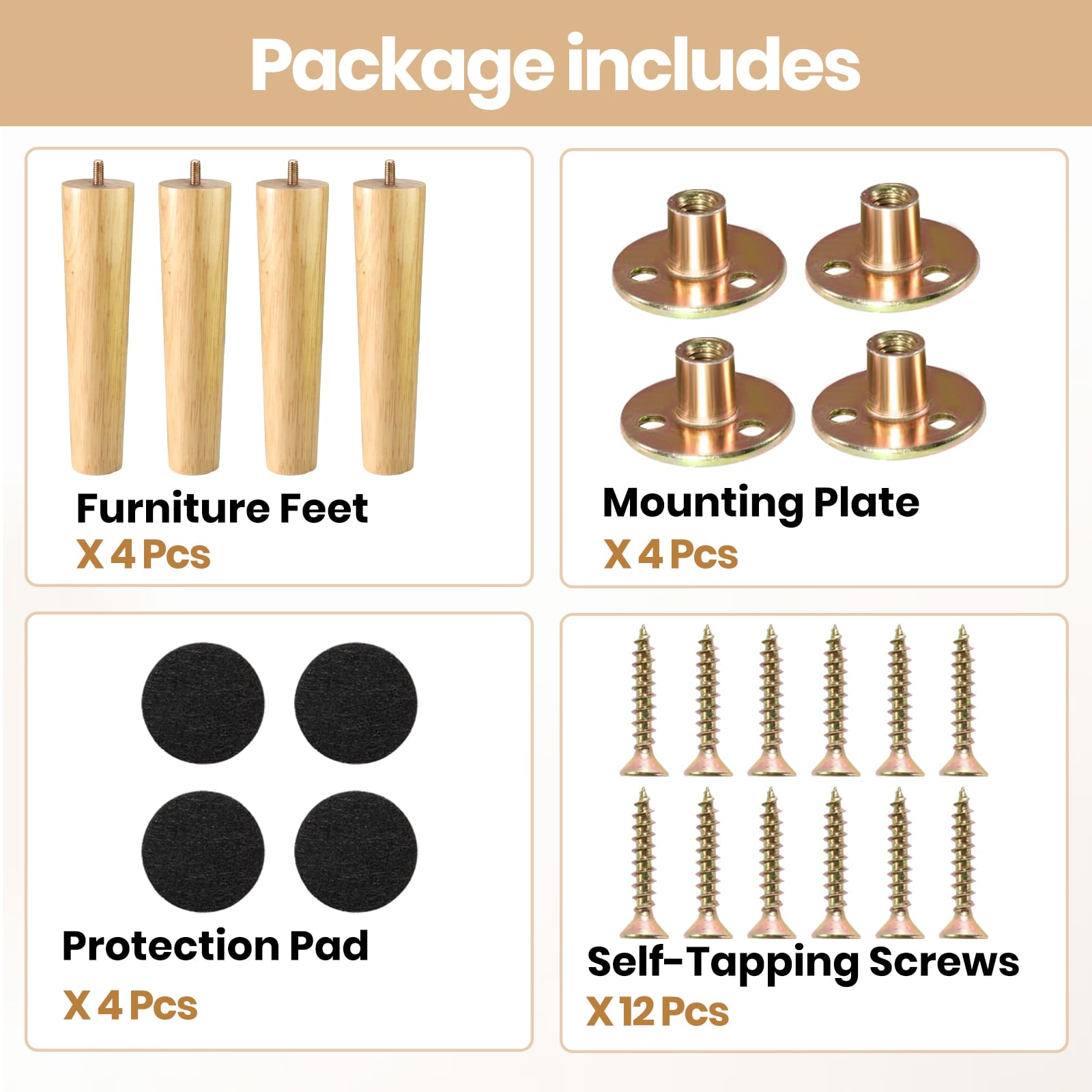 Zllzpzd Wooden Furniture Feet, Pack of 4 Wooden Feet for Furniture, Conical Replacement, 20 cm Cabinet Feet with Mounting Plate, Table Legs with Felt Gliders, Furniture Legs for Sofa, Bed, Dresser - Image 4