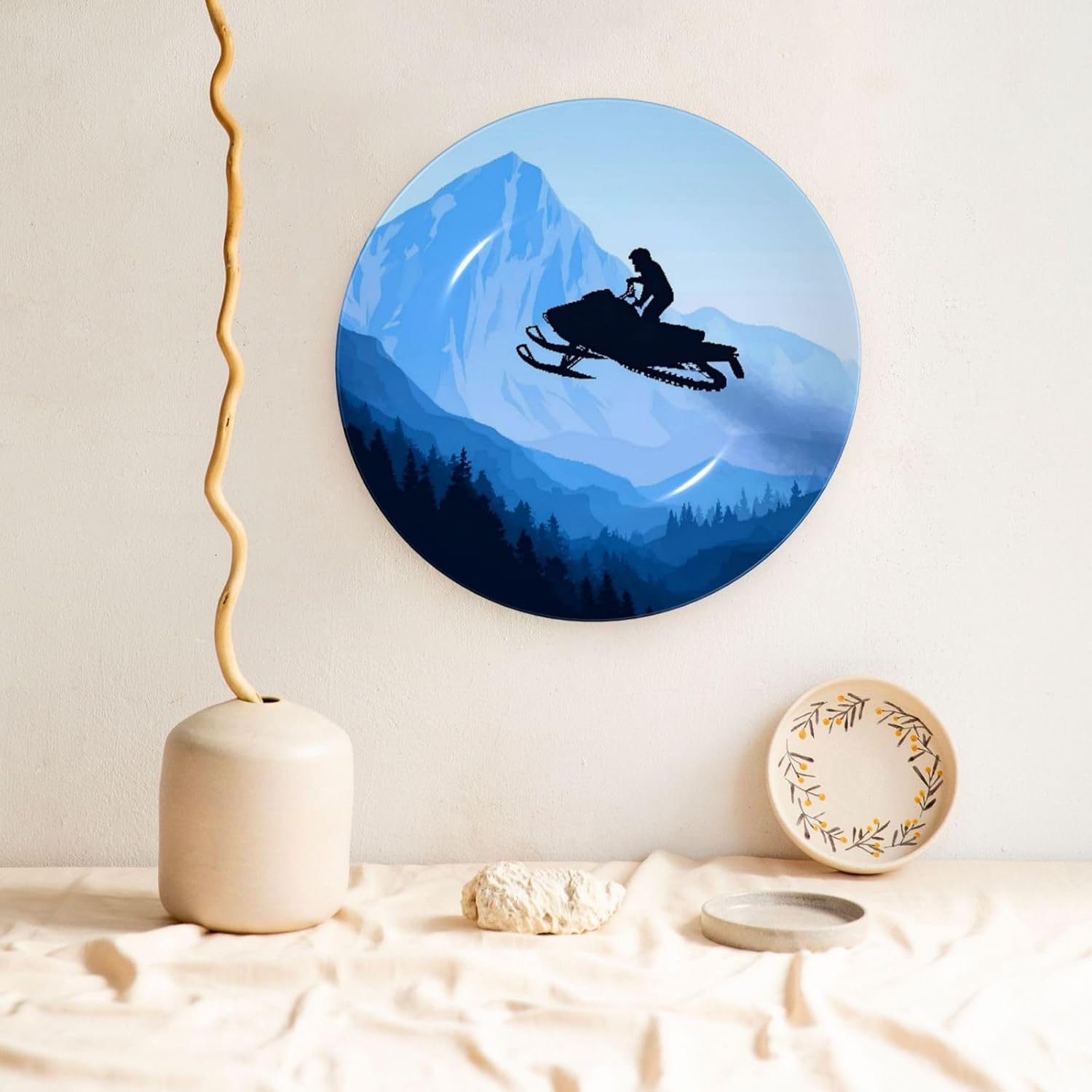 Bone China Decorative Plate with Display Snowmobile Ceramic Plates Crafts Art Decor Dessert Plate Ceramic Ornament Porcelain Plates for Living Room Kitchen Table Home Decor