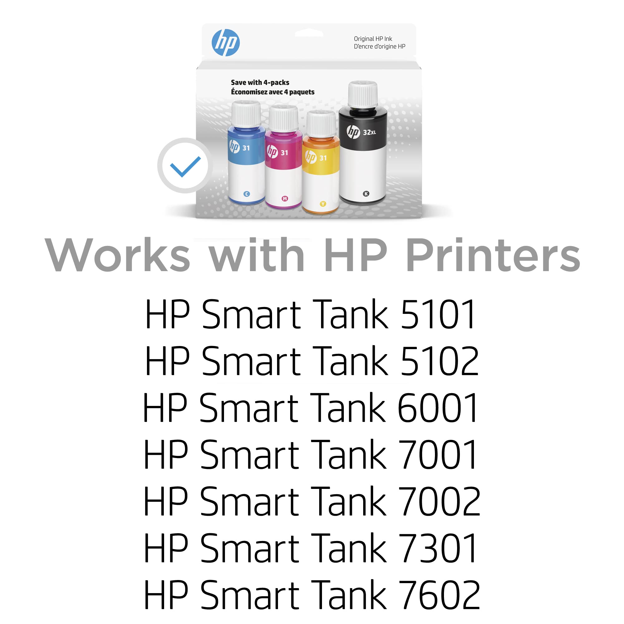 HP Inchiostro Nero 32XL Bottiglia da 31 CMY/32XL, 4-Pack, Compatibile con HP Smart Tank Plus e stampanti Premium, Alto Rendimento, Facile da Versare, Set Completo di Colori dell'Inchiostro