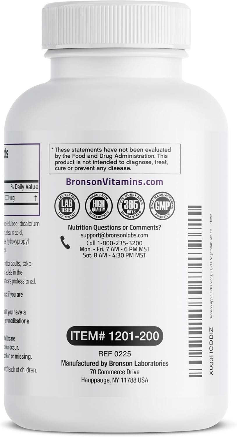 Bronson Apple Cider Vinegar 3000 MG per Serving Extra Strength - Non-GMO, 200 Vegetarian Tablets - Image 7