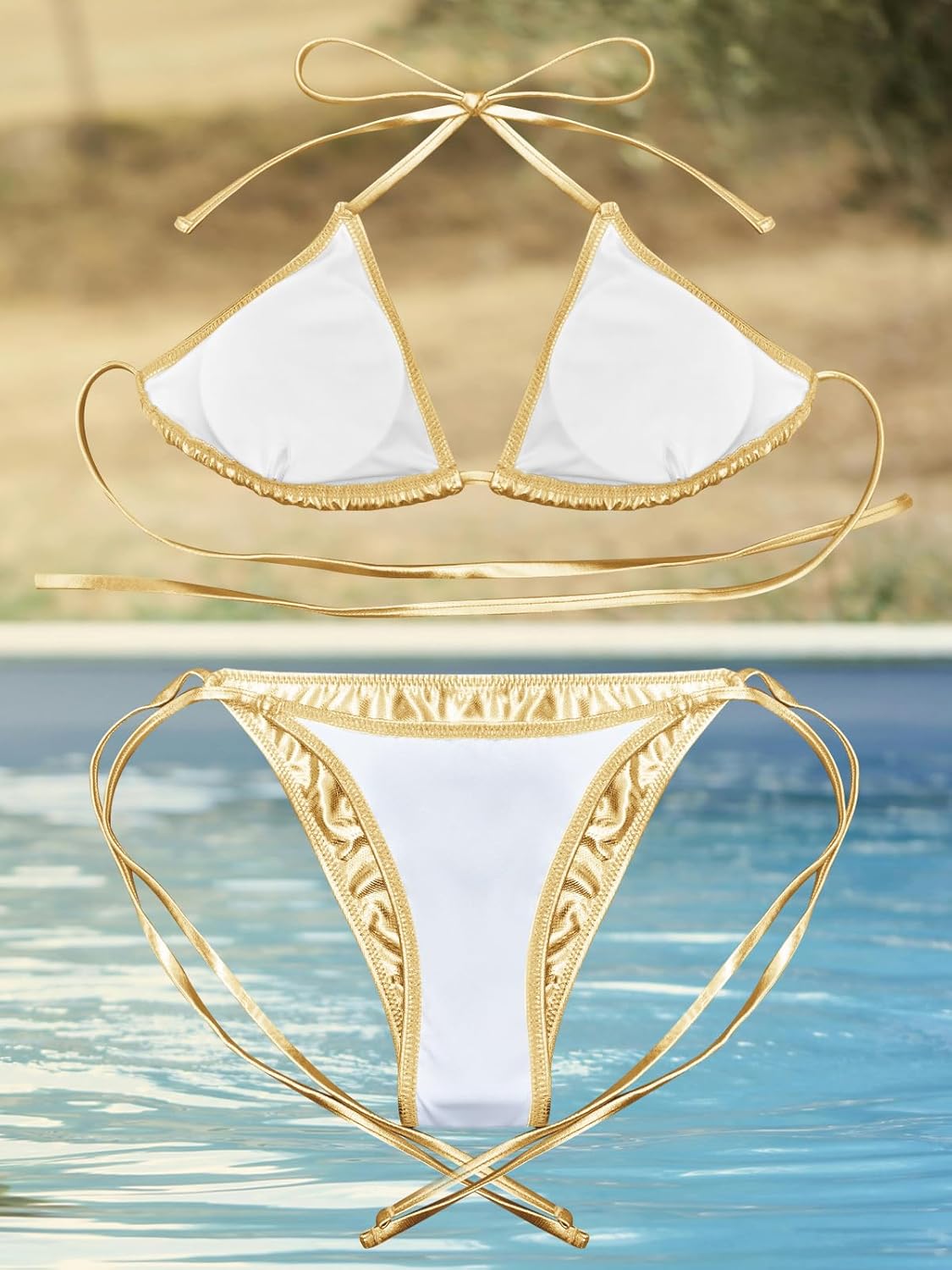 Kepblom Metallic Bikini Two Piece Swimsuit Triangle Halter Top Tie Side String Bikini Set for Women - Image 5