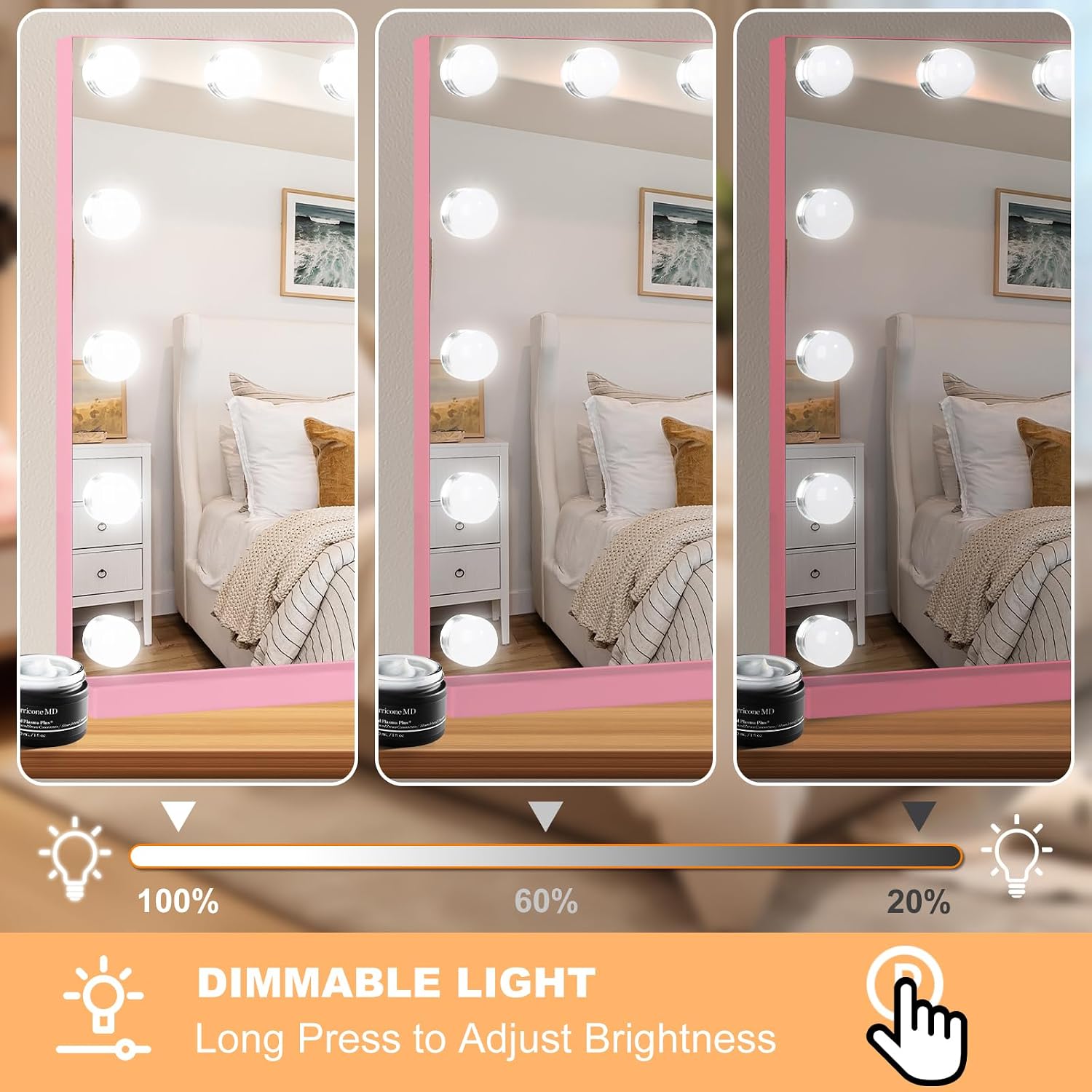 Moonee Vanity Mirror with Lights, Pink Hollywood Lighted Makeup Mirror with 15 Dimmable Bulbs and 10X Magnification, 3 Colors Modes, Aluminum Metal Frame, Light Up Mirror for Tabletop/Wall（23" x 18"） image 4