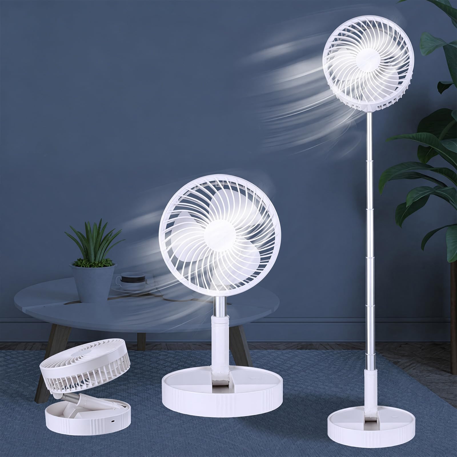 Ventilatore portatile 3 in 1, ricaricabile 7200 mAh, da terra/piedistallo/pieghevole, silenzioso, regolabile, batteria lunga durata, da viaggio e ufficio (Bianco)