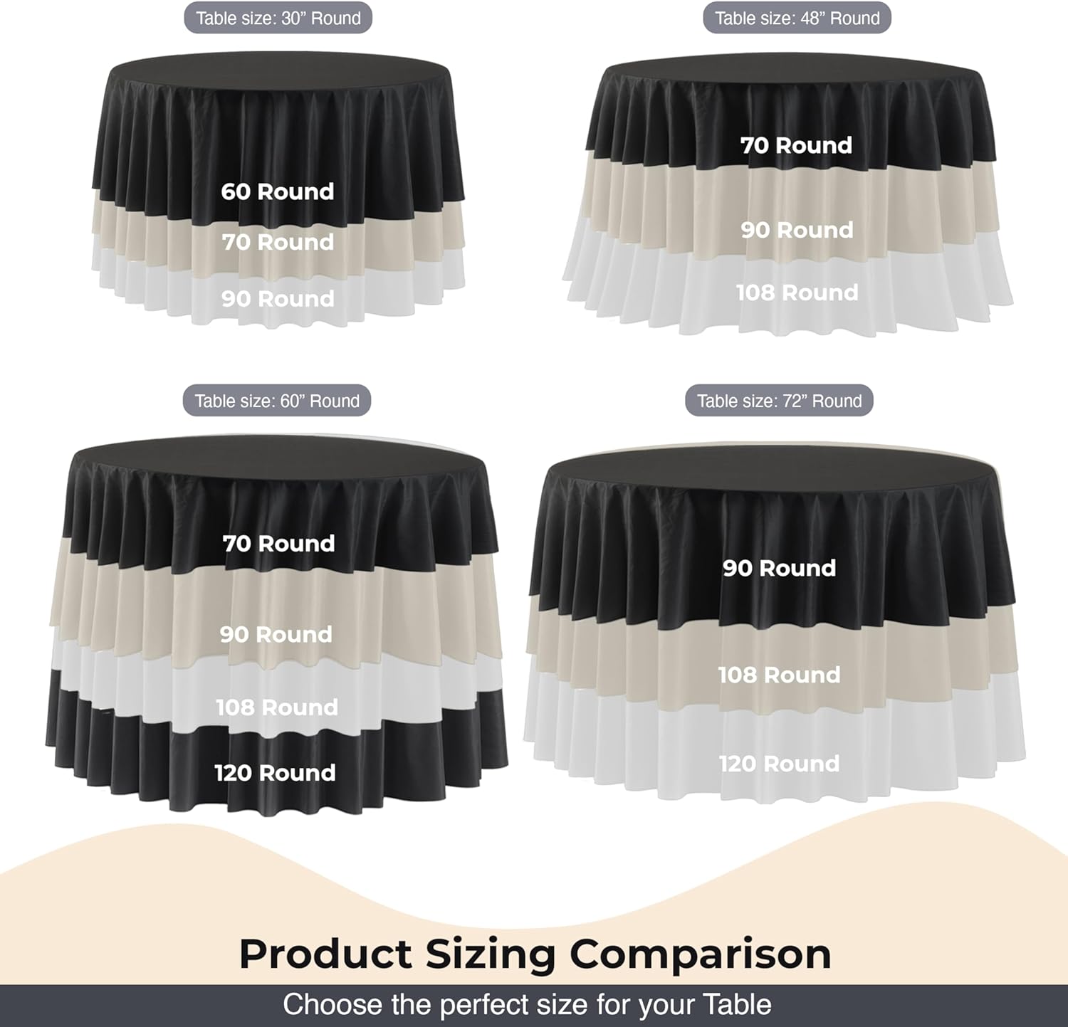 12-Pack Ivory Round Plastic Tablecloth Disposable – Size: 108 Inches – Round Plastic Table Cloths for Parties, Picnics & Formal Events