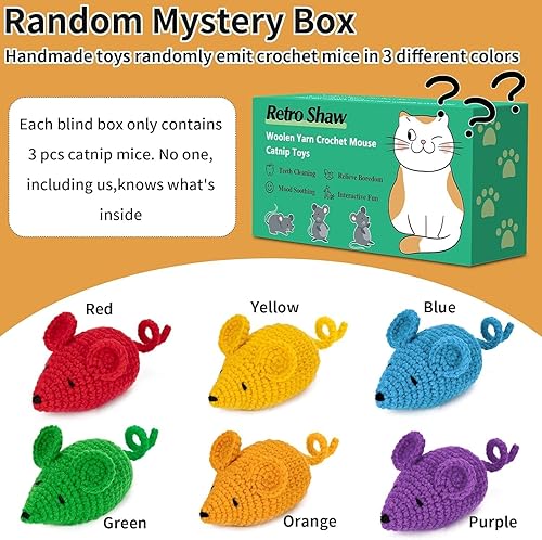 Miniatura 5 de Retro Shaw Juguetes de hierba gatera de ganchillo, ratones para gatos, 3 piezas de hilo para gato, juguete de limpieza de dientes seguro para