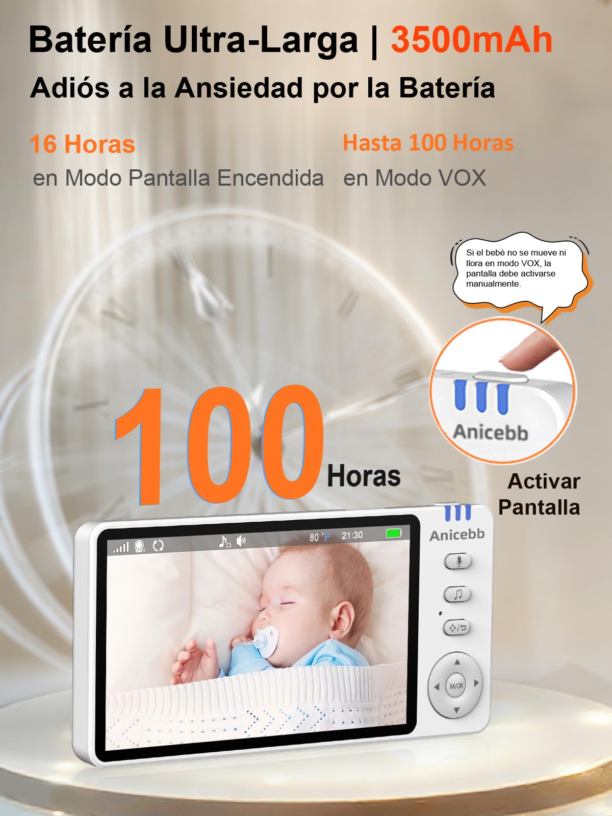 Camara Vigilancia Bebe sin WiFi 720P HD 5", Vigilabebés con Cámara y Audio | Pan Tilt Zoom 2X/4X, Batería 3500mAh con 100H en Modo VOX, Alcance 300m, Visión Nocturna, Alertas de Temperatura y Llanto