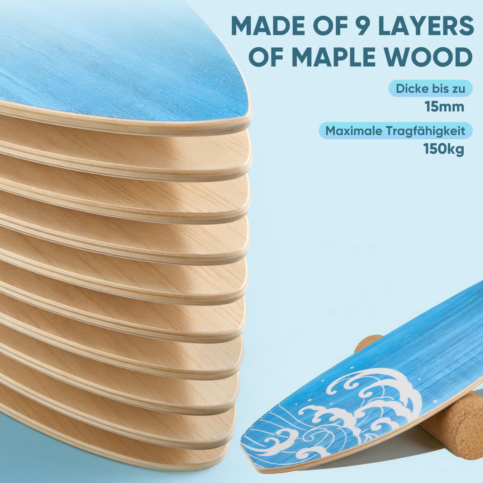 Surf Balance Board Trainer, Balanceboards Holz für Erwachsene Surf Core-Training, Fitness, Indoor Surfboard und Gleichgewichtsboard mit RolleHalbkugel und Balance Ball für Kinder Erwachsene