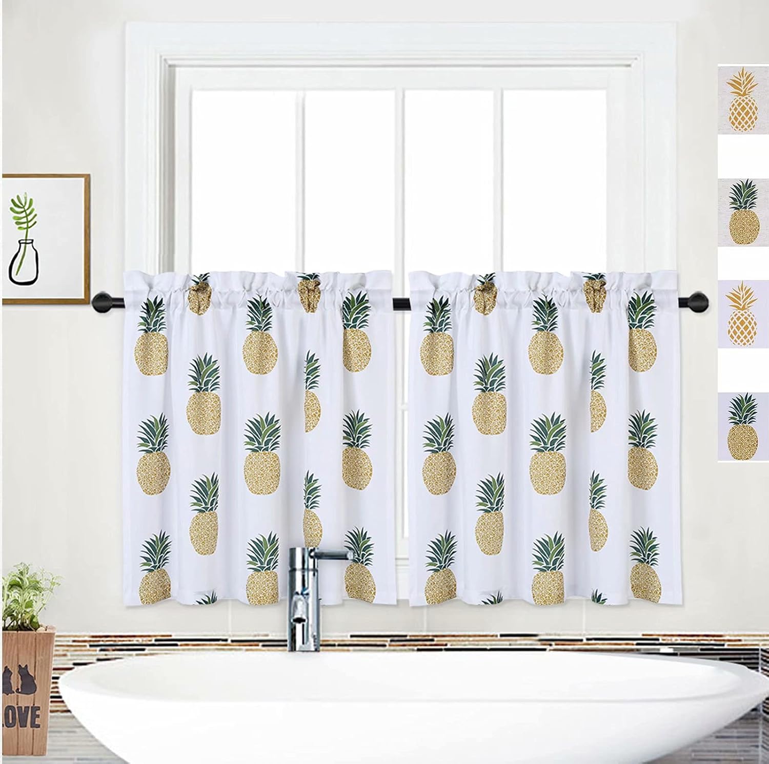 NANAN Cafe Curtains 24 Inch Length, Pineapple Soft Microfiber Kitchen Window Curtains, Floral Small Tier Curtains, Set of 2 (Green, 30"x24")