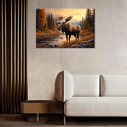 Miniatura 3 de GLOKAKA Arte de pared de alces de naturaleza y alce en el río, decoración de pared impresa, pintura de animales silvestres, póster retro para