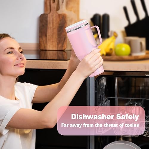 Miniatura 8 de Sursip Vaso de 40 onzas con asa y tapa con pajilla, de acero inoxidable aislado al vacío, para café, viaje, mantiene las bebidas frías hasta 24