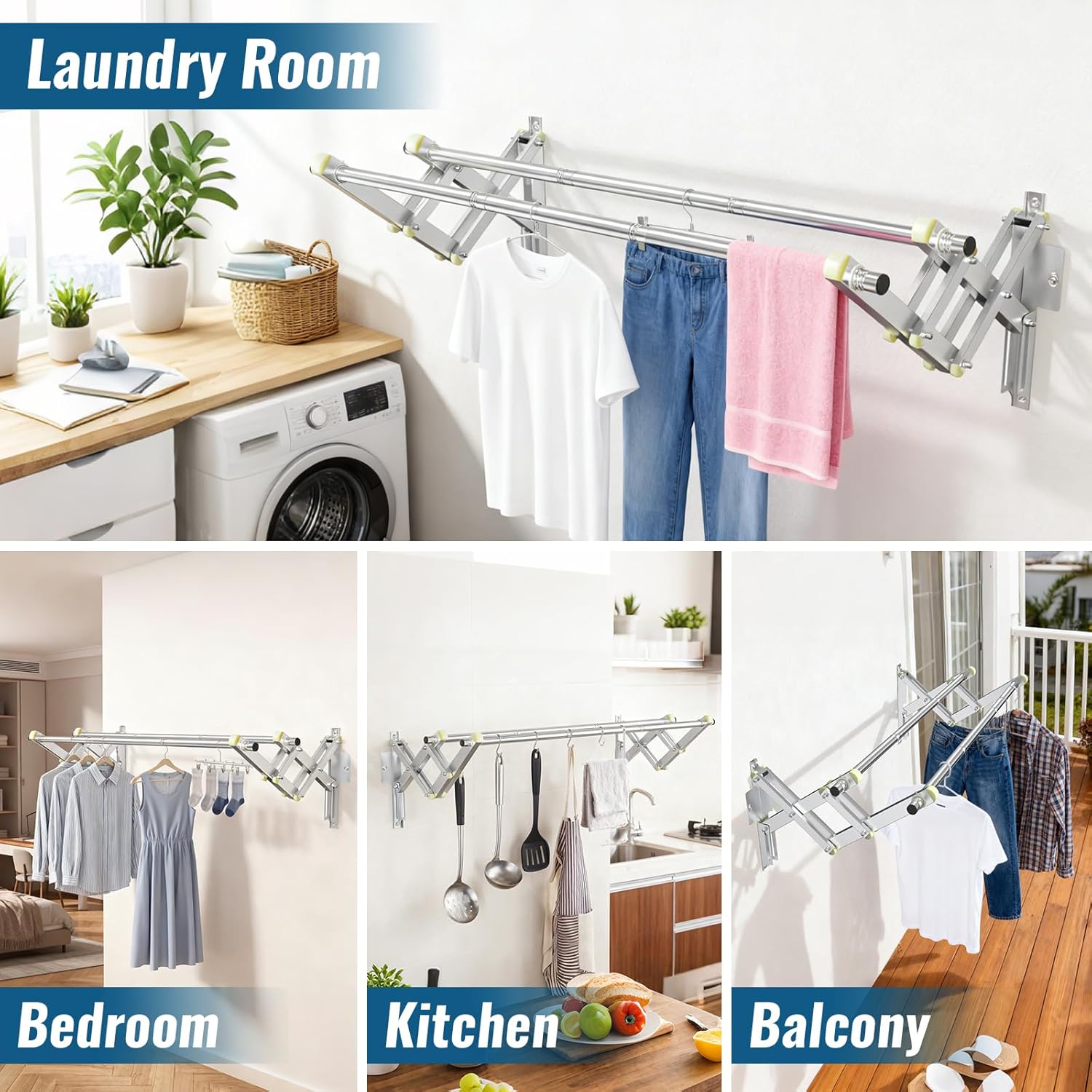 Foldable Wall Mounted Clothes Rack-Double 44'' Long Rod&2 Bases,Stainless Steel, Heavy Duty,Multi-Purpose for Space-Saving Garment Rack/Clothes Drying Rack/Plant Hanger (44 inches length X 2 rows)