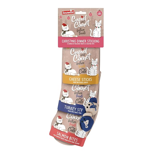 Rosewood Cupido y Cometa Navidad Cena Gato Stocking, Cat Treats & Catnip Ratones Juguetes
