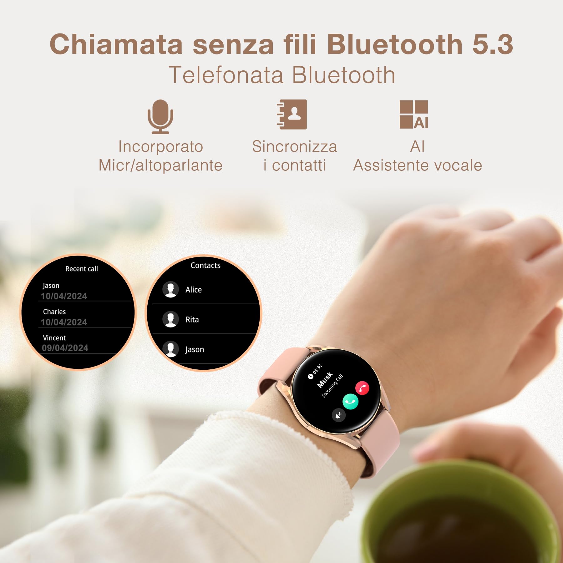 BRIBEJAT Smartwatch Donna con Chiamate, 1.27" Touchscreen Orologio Smartwatch, 123+ Modalità Sport, Tracker Fitness Piccolo con SpO2 Sonno, Impermeabile IP68 per Android iOS, Oro Rosa