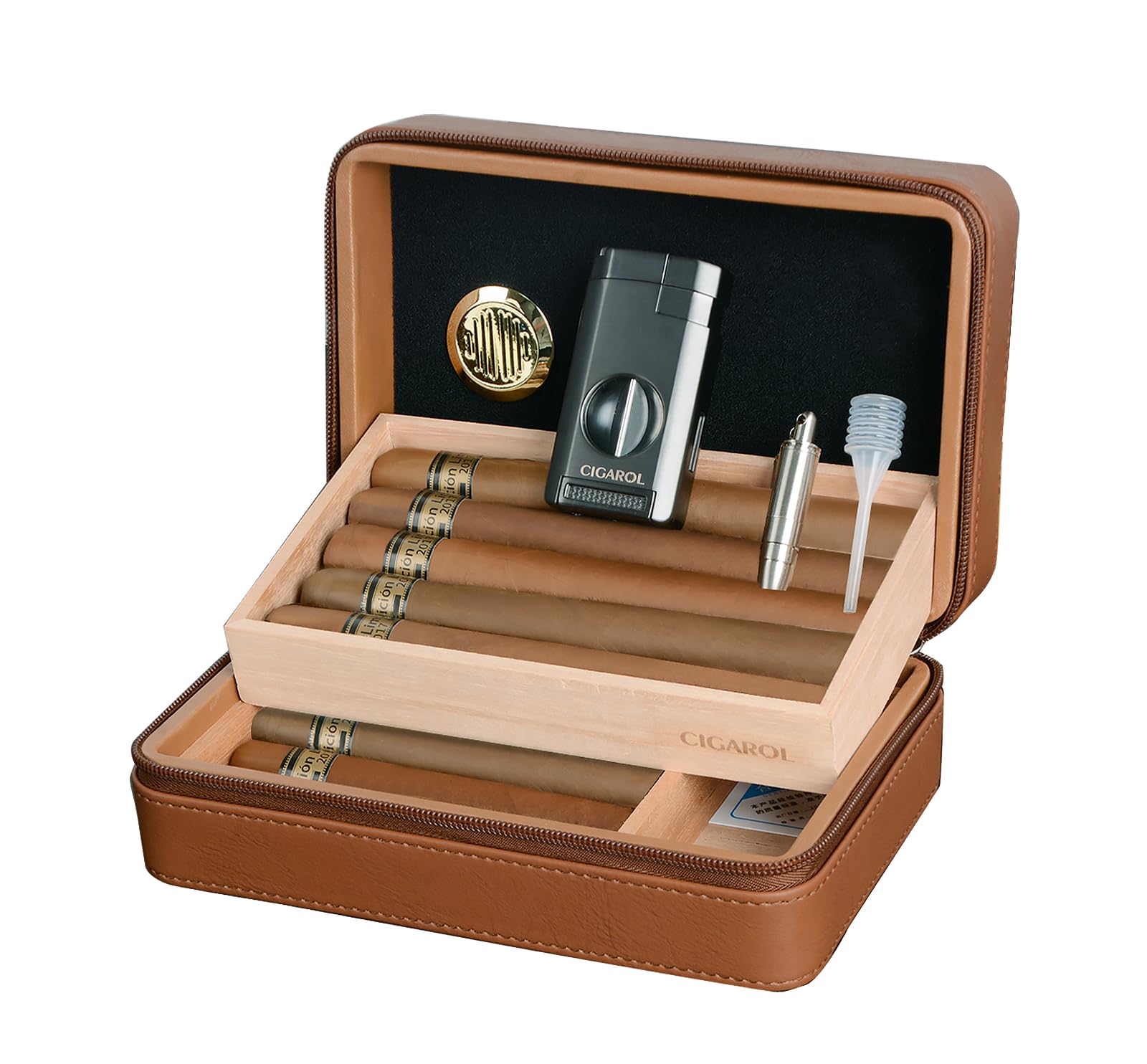 Humidor Zigarren, Zigarrenetui Leder mit Feuerzeug, Tragbarer Reisehumidor mit Zedernholzeinlage Hält bis zu 10 Zigarren, Tolle Zigarren Geschenk Set für Männer (Braun)