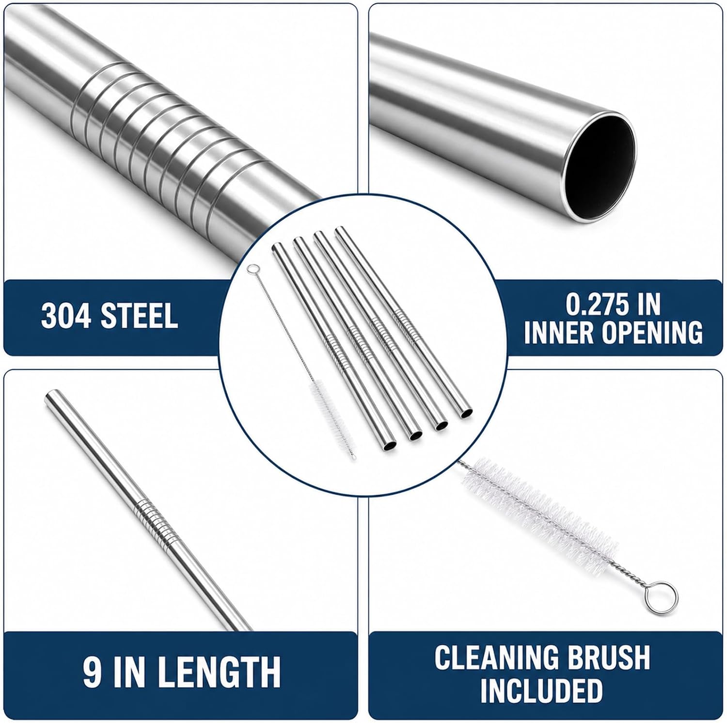 4Pcs Stainless Steel Smoothie Straws 9.5 Inch with Cleaning Brush