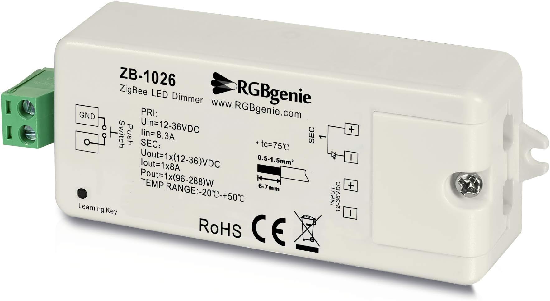 Zigbee LED Controller for LED Strip Lights. Dimmer and Zigbee Repeater, 8 Amps, Momentary Switch Input RGBgenie ZB-1026