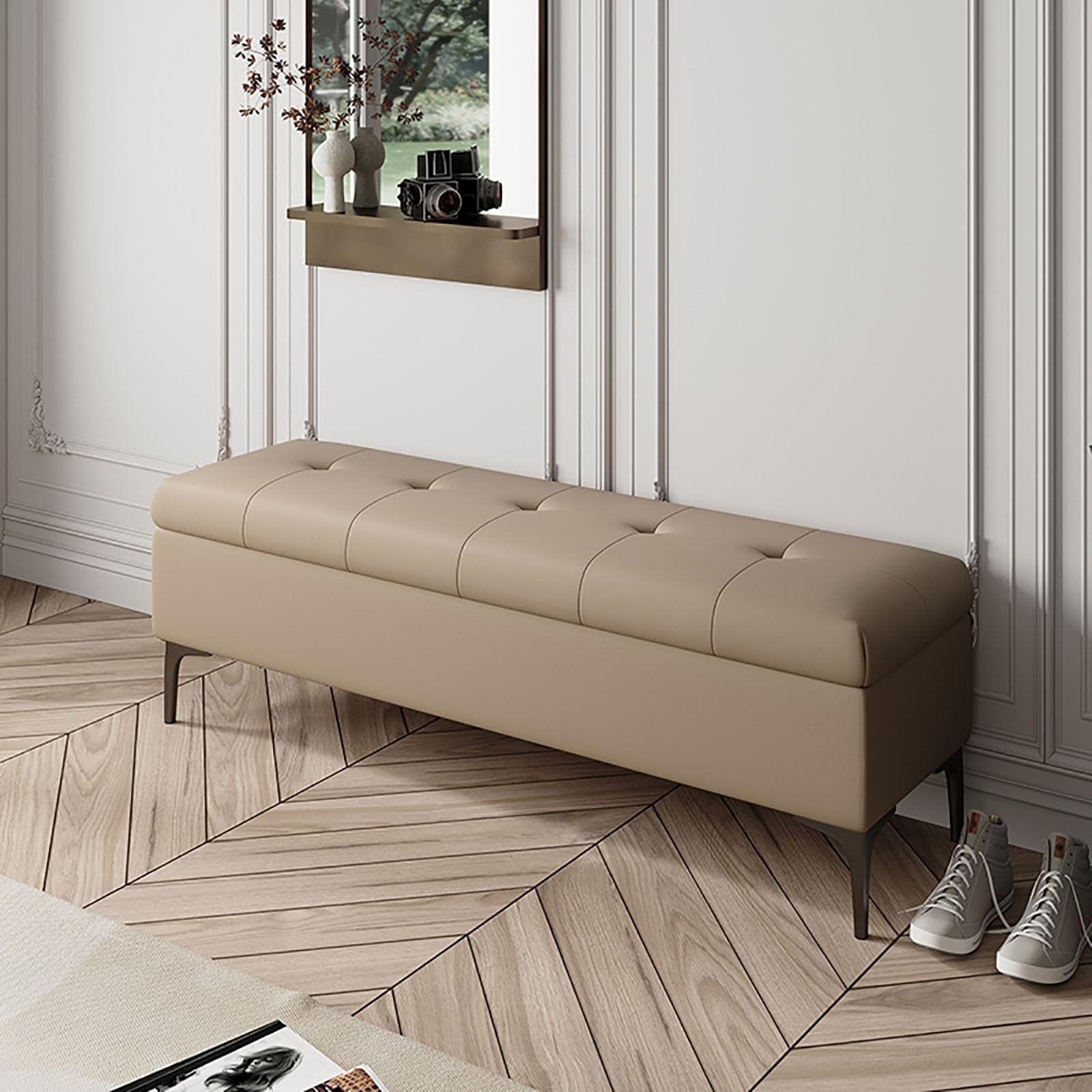 Schmale Staubank mit Deckel, gepolsterte Ottomane für Schlafzimmer Ende des Bettes, Leder gepolsterte Schuhbank, Massivholz Sitz, Eingang Flur Hocker