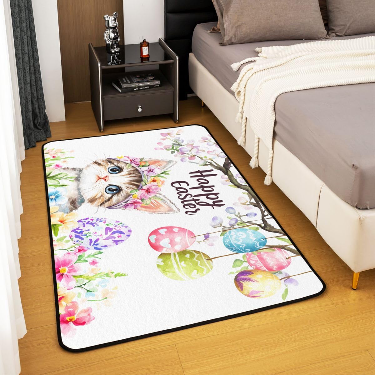 Dywan do salonu, motyw wesołych Świąt Wielkanocnych, 100 x 150 cm, Kawaii, koty, zwierzęta, kwiaty, do sypialni, dla dzieci, nastolatków, akwareli, pisanek, kwiatów, do wnętrz, jako