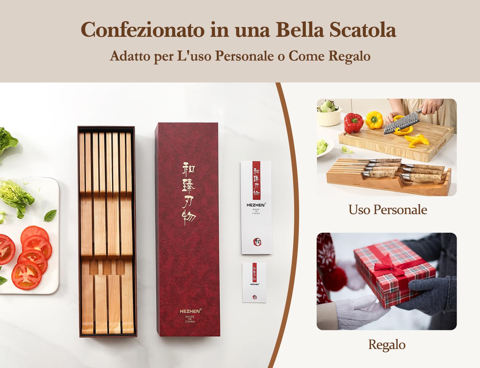 HEZHEN Cassetto Portacoltelli in Legno di Ciliegio, in-Cassetto Blocco di Coltelli da Cucina in Legno Cassetto Organizzatore, Spazio per la Custodia di 7 Coltelli