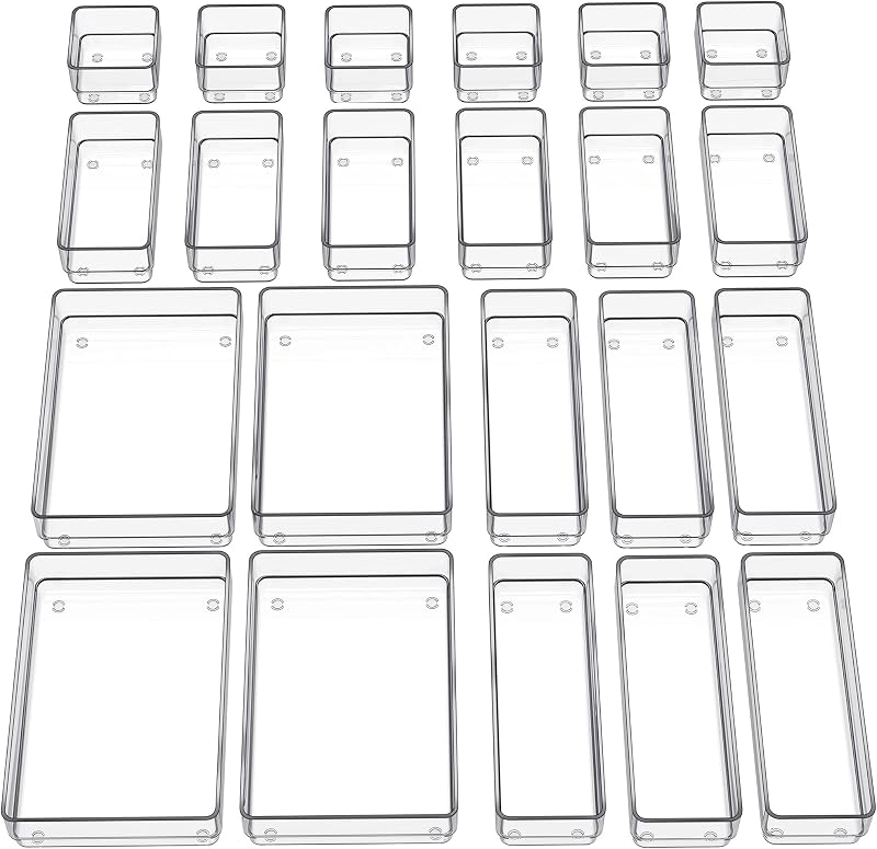 22 PCS Drawer Organizer, 4-Size Desk Bathroom Drawer Organizer | 4-Size Storage Tray with Non-Slip Silicone Pads for Makeup, Jewelries, Utensils in Bedroom Dresser, Office and Kitchen, Clear
