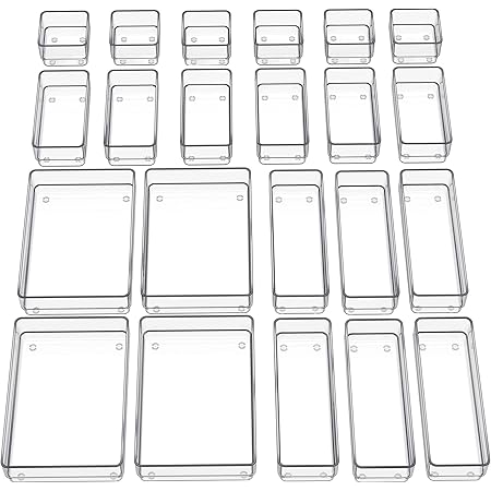 SMARTAKE 22-Piece Drawer Organizer with Non-Slip Silicone Pads, 4-Size Clear Desk Drawer Organizer Trays Storage Tray for Makeup, Jewelries, Utensils in Bedroom Dresser, Office and Kitchen, Clear