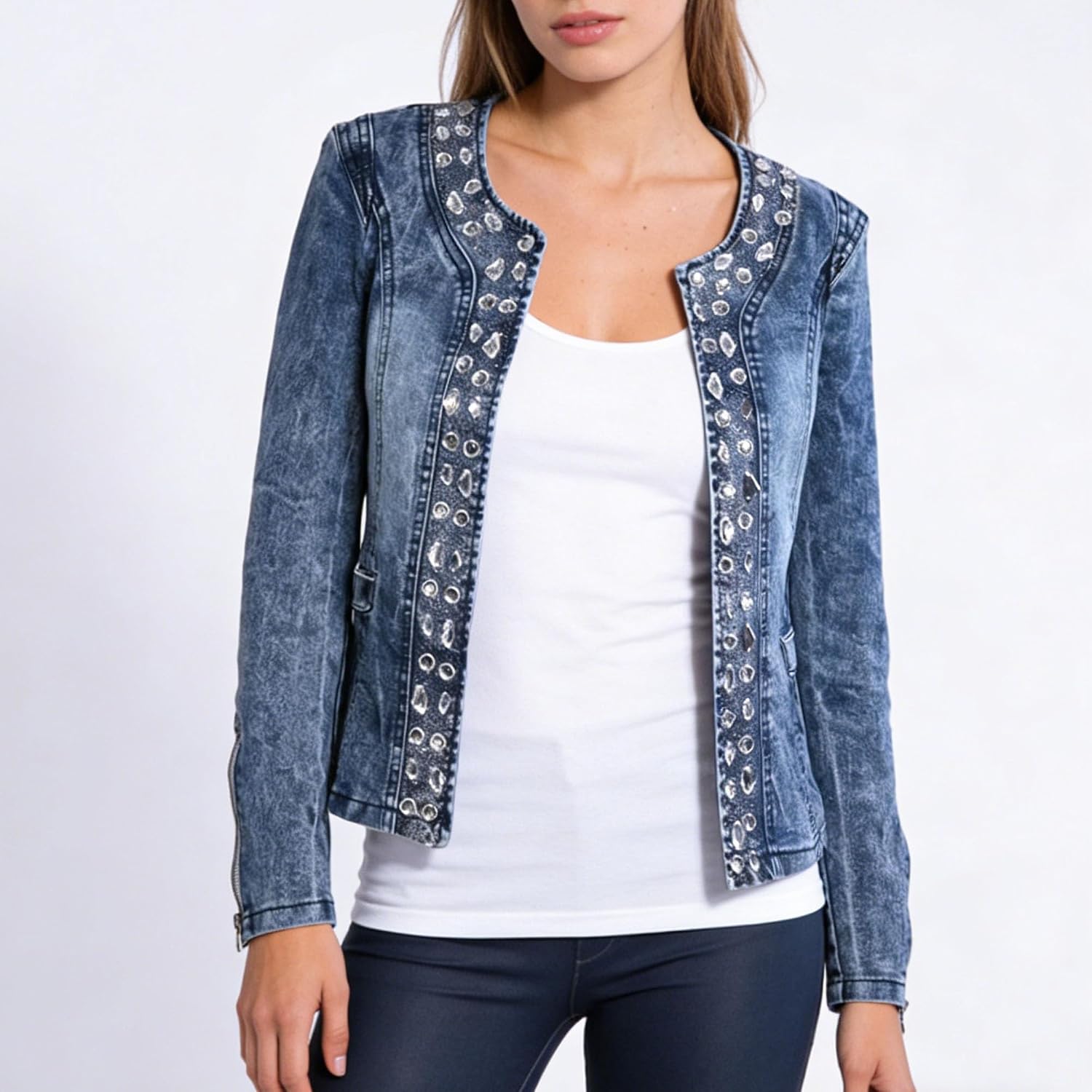 Womens Denim Jacket Rhinestone Vintage Denim Jacket Cropped Long Sleeve Collarless Jean Coat Pockets